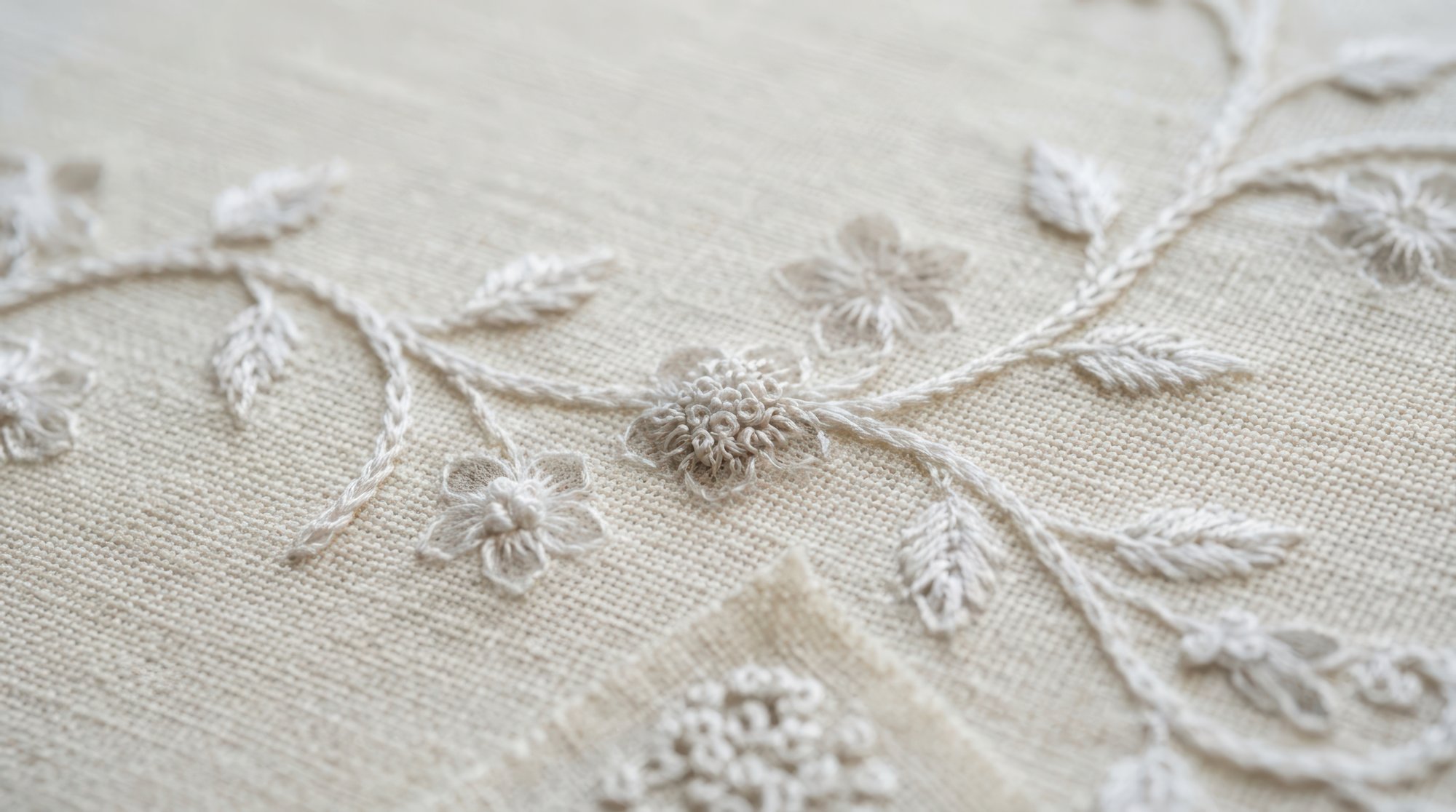 Embroidered floral patch on linen
